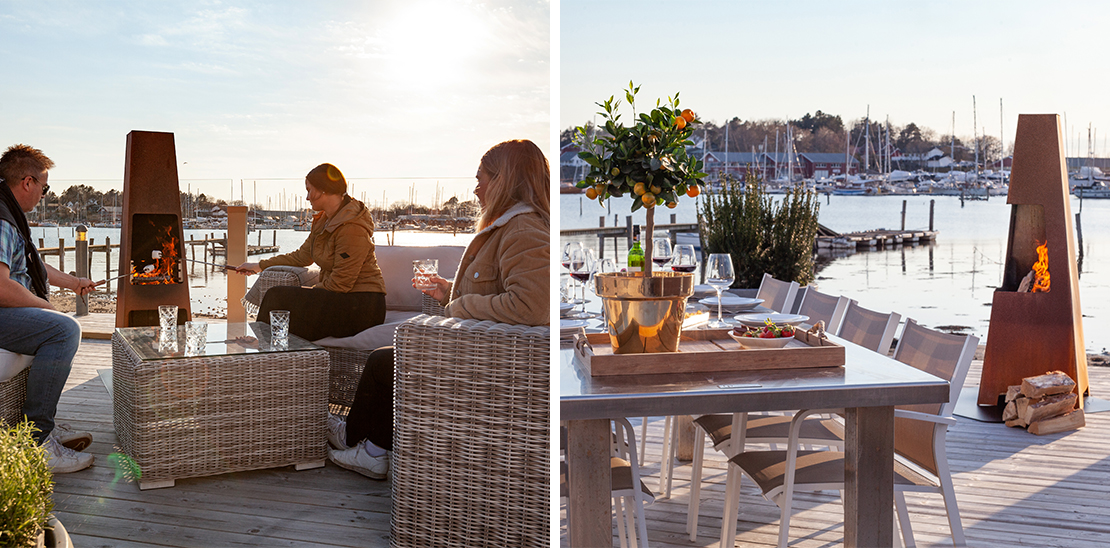 Jøtul Loke udendørs pejs og Jøtul Terrazza XL udendørs pejs på terrasse ved havet