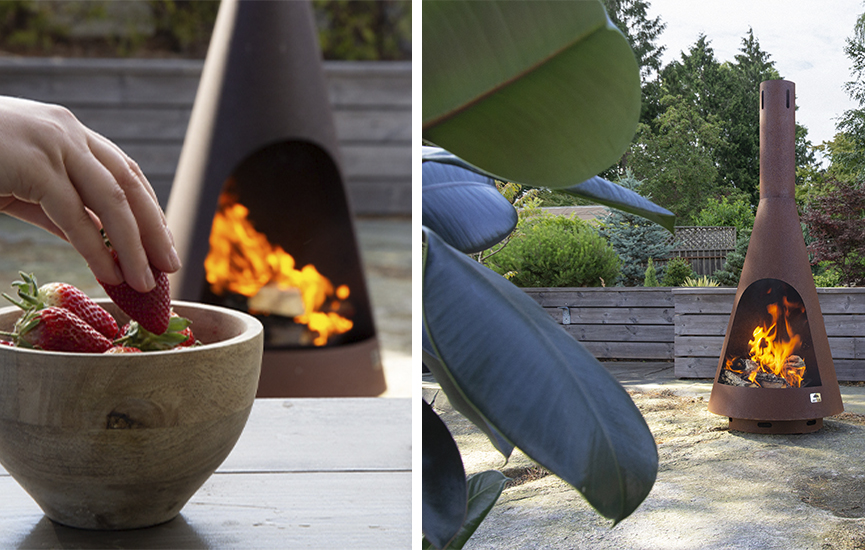 Jøtul Frøya udendørs pejs i cortenstål i haven