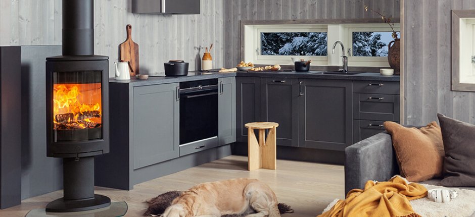 Jøtul F 373 Advance sort brændeovn i stue med hund på gulvet