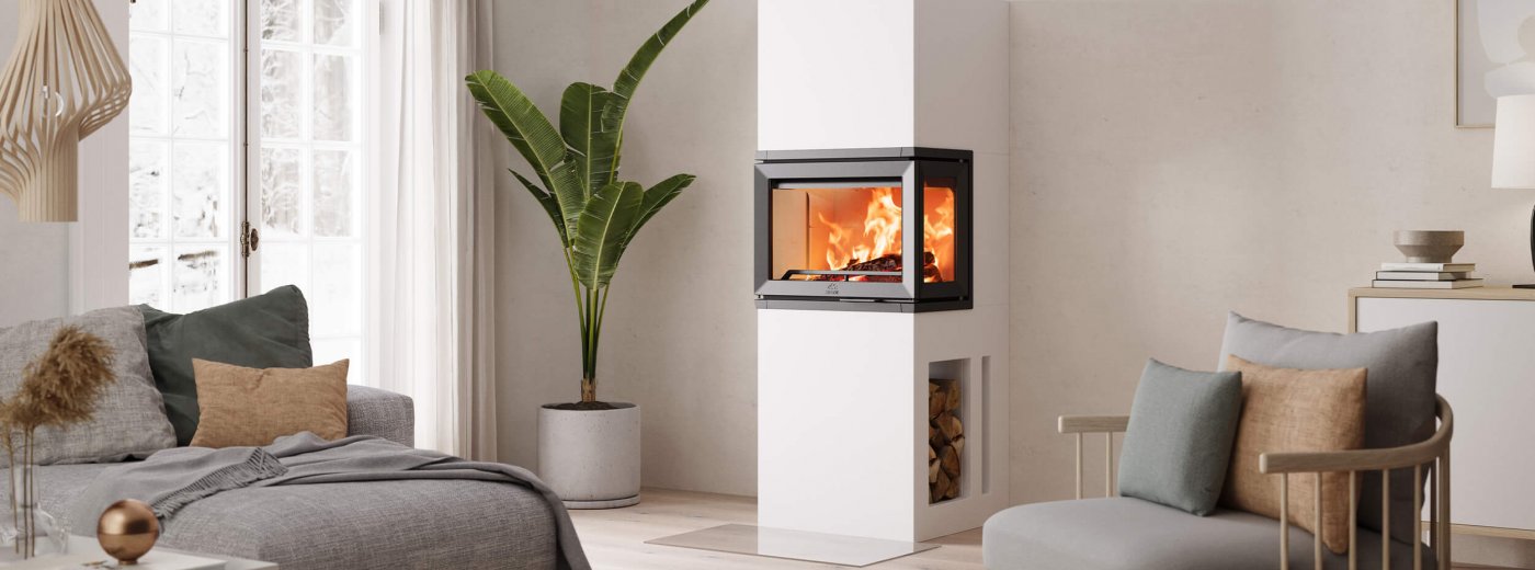 Jøtul FS 520 FRL hvid pejs i lys moderne skandinavisk stue